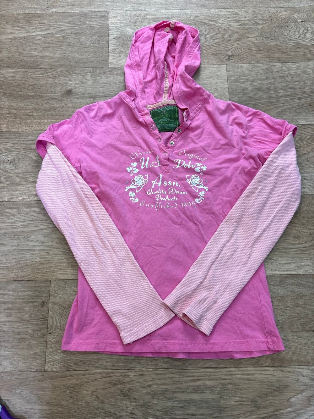 Vintage Y2K U.S. Polo Assn. Pink Layered Hooded Tee Size M Graphic Rhinestone